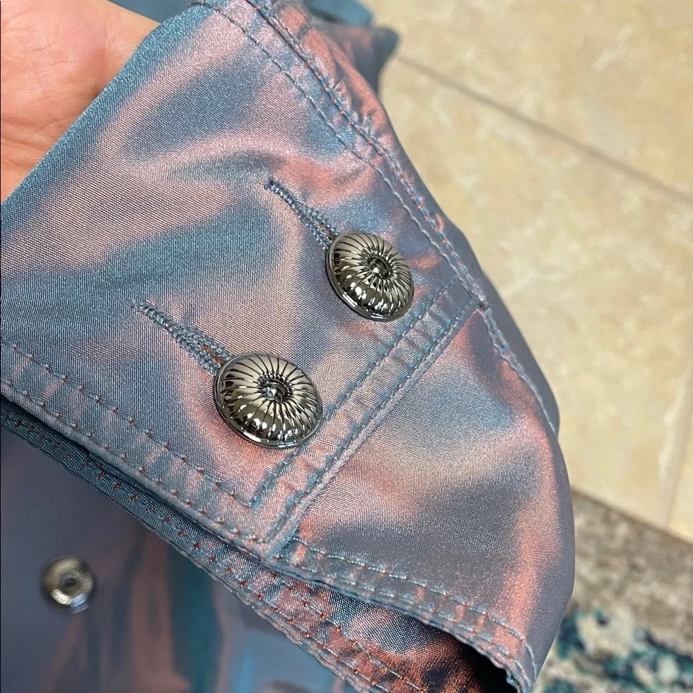 ST. JOHN trench coat Women's Iridescent Jacket - Pink and Blue belted lined